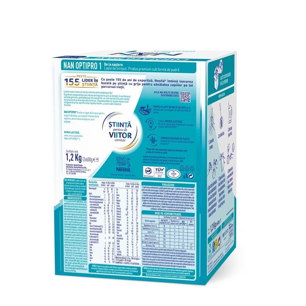 Nestlé  NAN® OPTIPRO 1, cu 5 HMO, lapte de început, produs premium sub formă de pudră, 0-6 luni, 1200g
