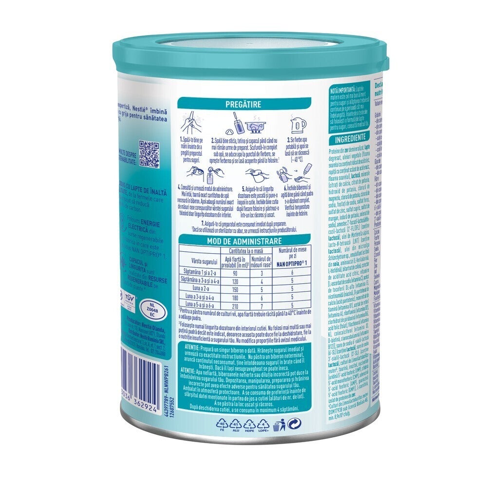 Nestlé NAN OPTIPRO 1 HMO, formula de lapte pentru bebelusi de la nastere, lapte de inceput 400g