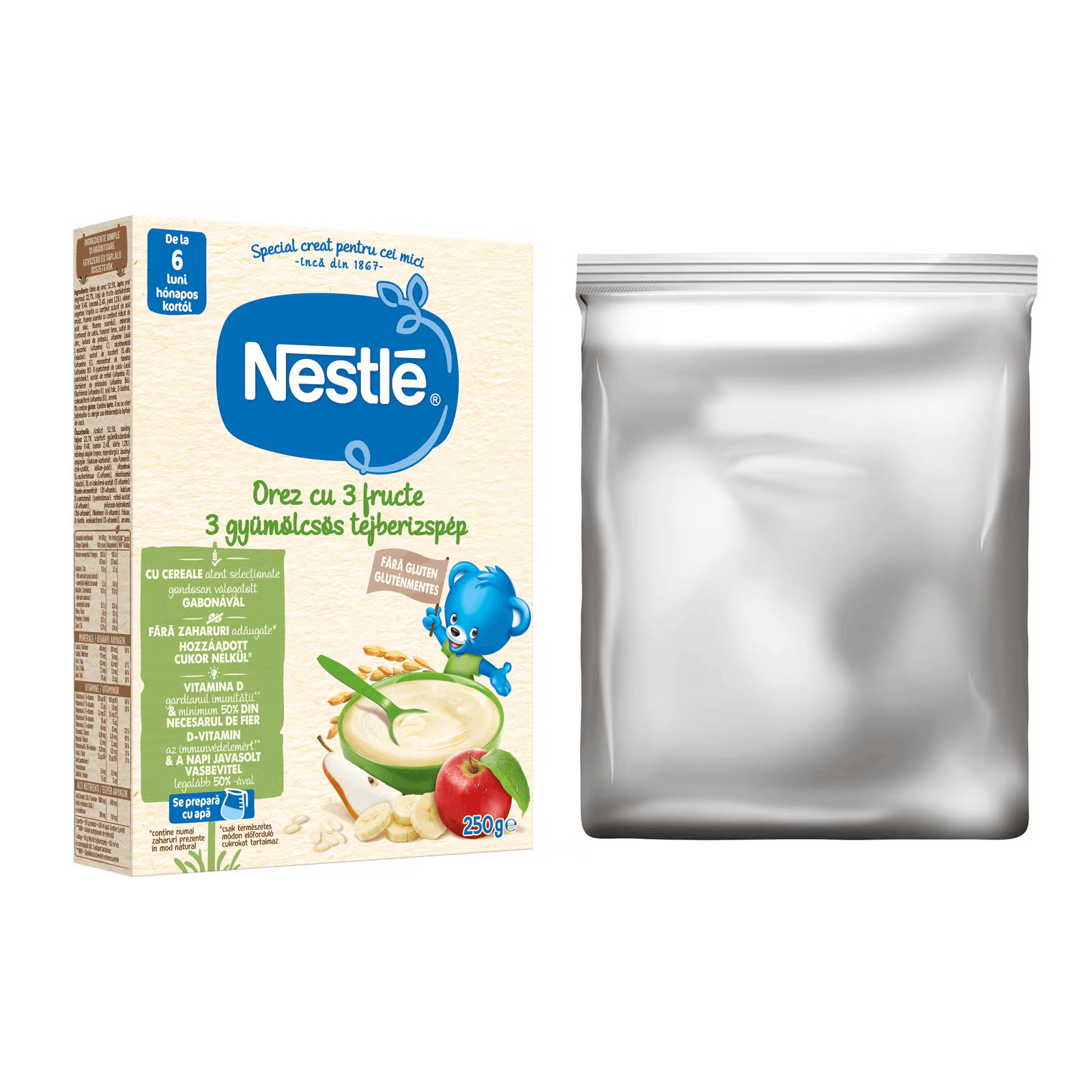 Nestlé Cereale Orez cu 3 fructe, pentru bebelusi, de la 6 luni, 250g