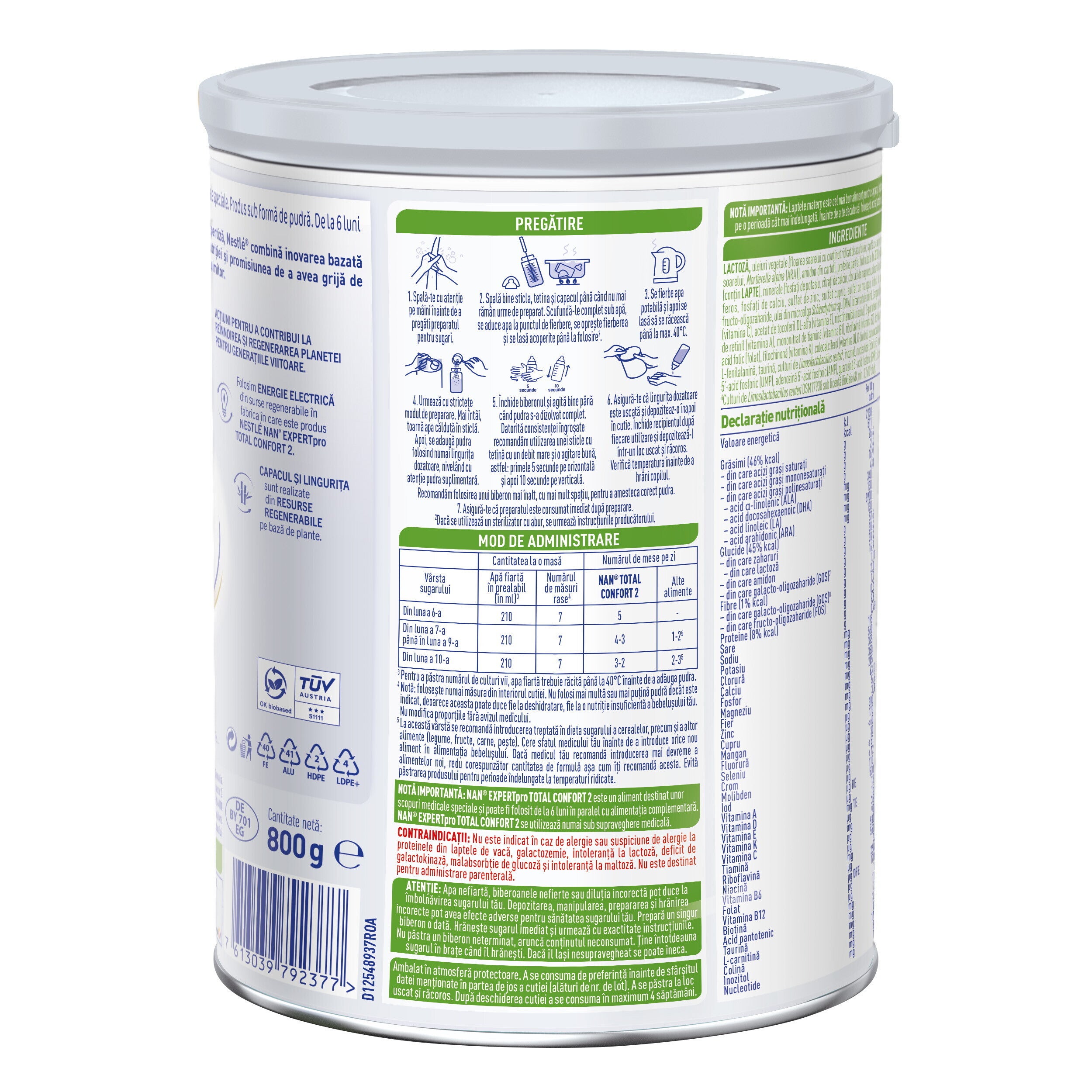 Formulă de lapte praf NESTLÉ NAN TOTAL CONFORT 2, de la 6 luni, 800g