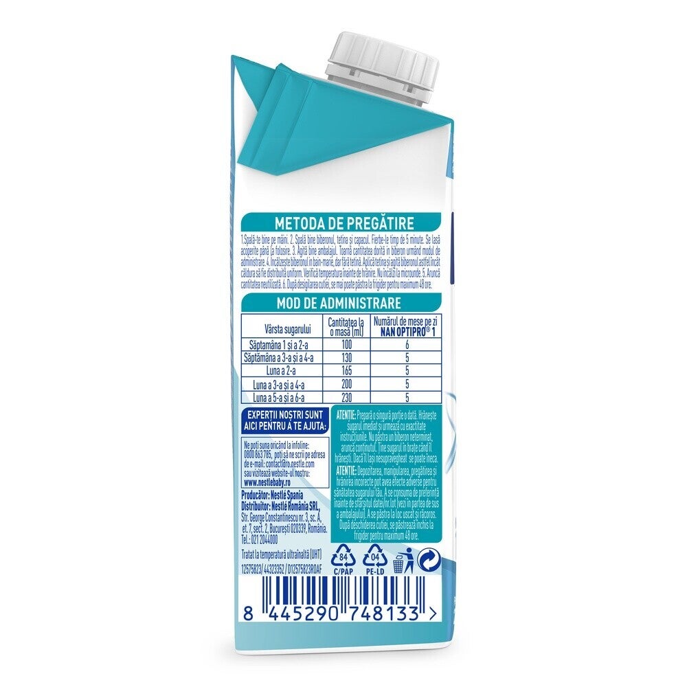 Formulă de lapte pentru bebeluși, NESTLÉ NAN OPTIPRO 1, 0–6 luni, 200 ml