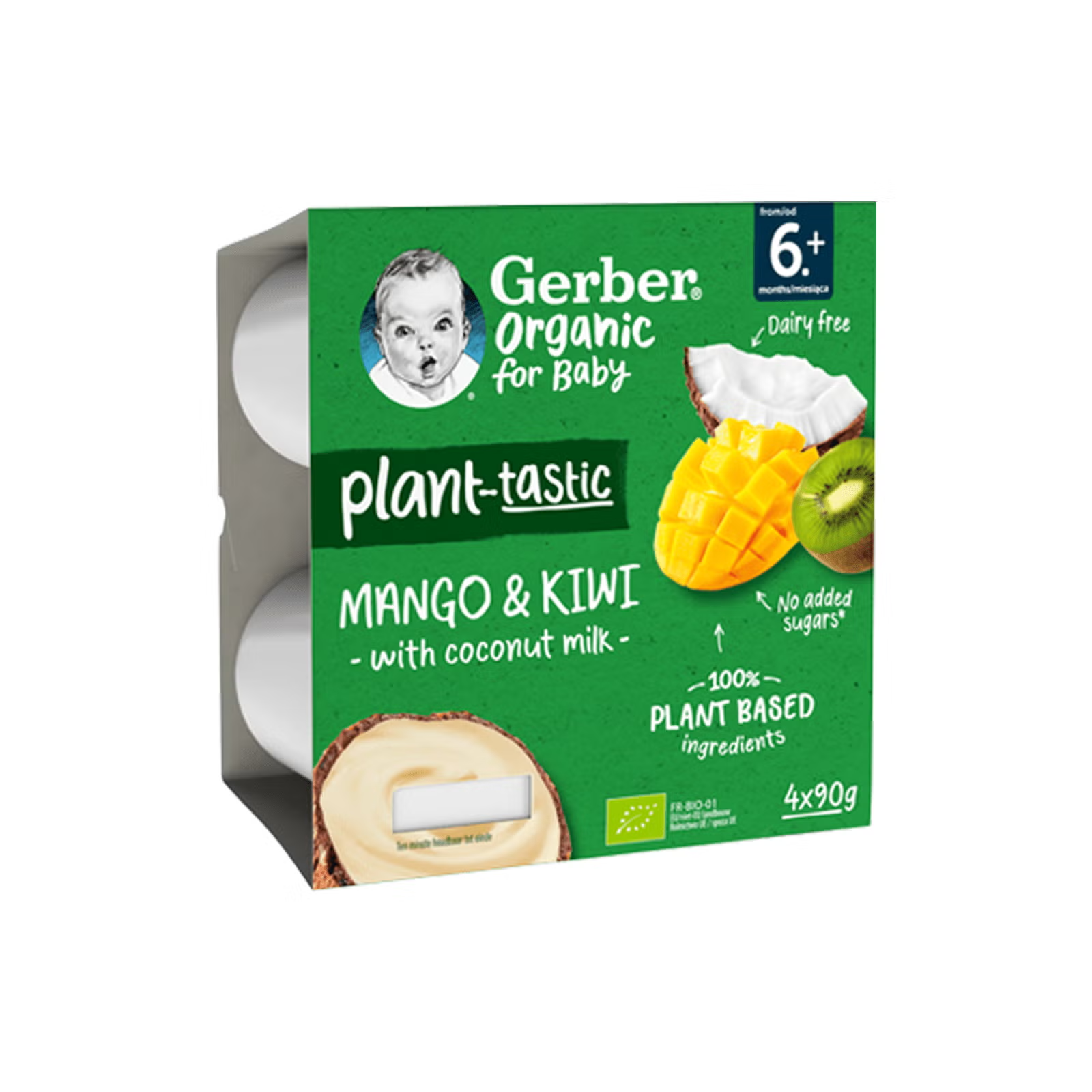 GERBER BIO Mango, Kiwi si crema spuma de cocos, desert vegan pentru bebelusi, de la 6 luni, 90g (pachet de 4)