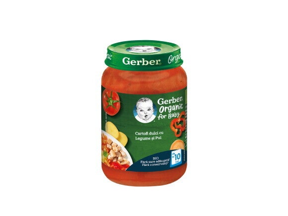 GERBER BIO Cartofi dulci cu Legume si Pui, piure bebelusi, de la 10 luni, 190g