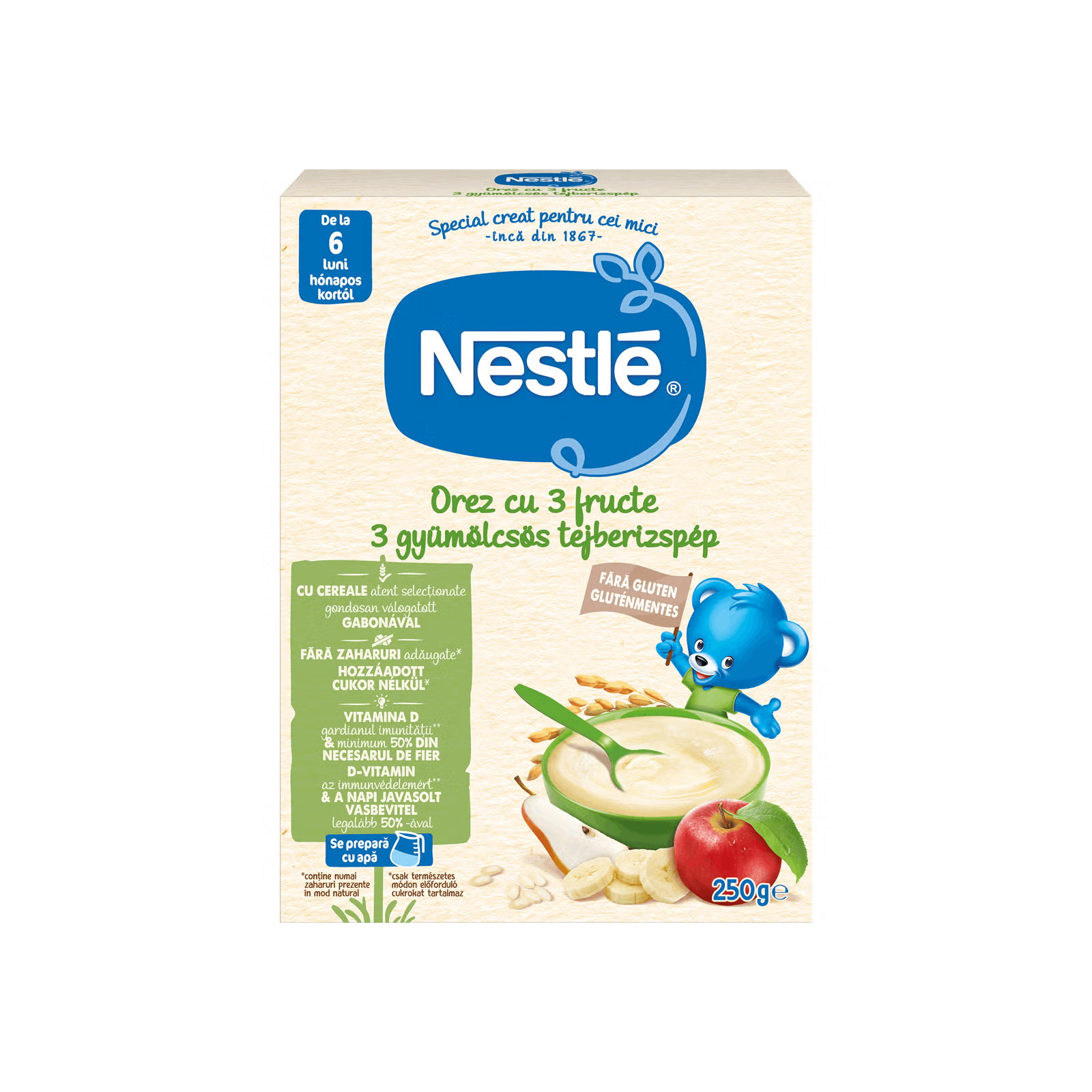 Nestlé Cereale Orez cu 3 fructe, pentru bebelusi, de la 6 luni, 250g
