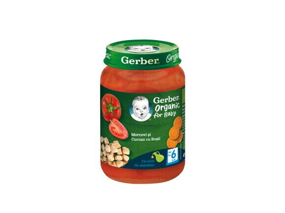 GERBER BIO Morcovi, Roșii și Curcan, 190g, de la 6 luni