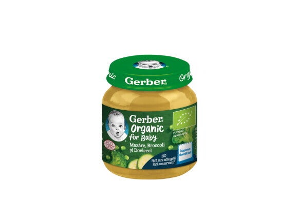 GERBER BIO Mazăre, Broccoli și Dovlecel, 125g, inceperea diversificarii