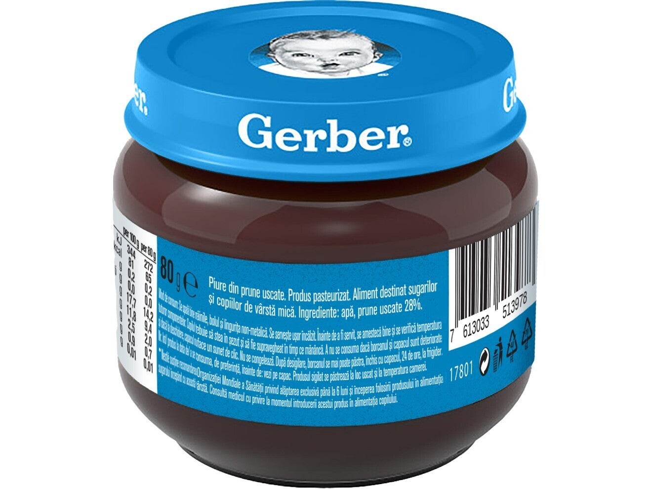 Gerber® Natural Piure din prune uscate, primul meu piure, 80g, începerea diversificării