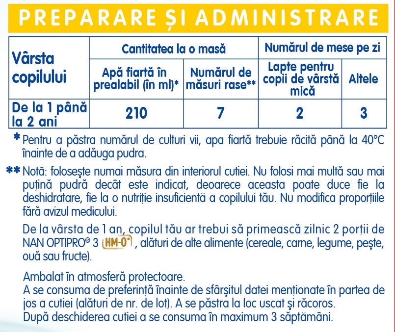 tabel de preparare si administrare formula de lapte nan optipro 3 800g