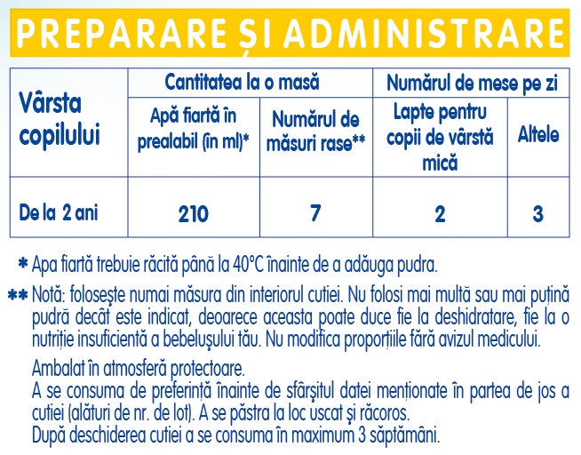 tabel de preparare si administrare formula de lapte nan optipro 4 800g