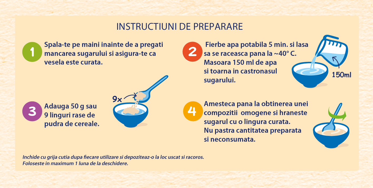 infografic preparare cereale mic dejun cu biscuiti 6 luni