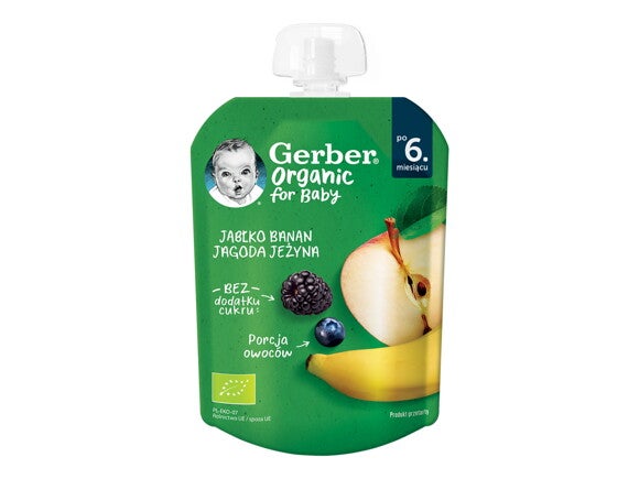 GERBER BIO Mar, Banana, Afine si Mure, 80g, de la 6 luni