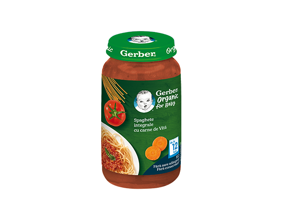 GERBER BIO Spaghete integrale cu carne de vita, 250g, de la 12 luni