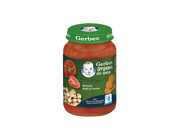 GERBER BIO Morcovi, Roșii și Curcan, 190g, de la 6 luni GERBER BIO Morcovi, Roșii și Curcan, 190g, de la 6 luni
