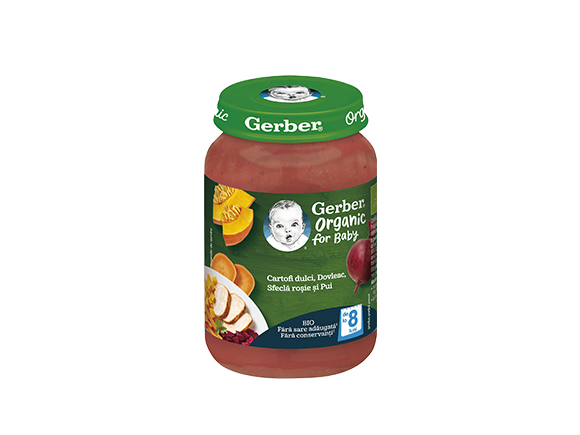 GERBER BIO Cartofi dulci, Dovleac, Sfecla rosie si Pui, 190g, de la 8 luni