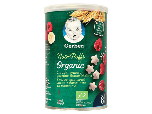 Gerber BIO Gustare cu cereale, banane si zmeura, 35g, de la 8 luni Gerber BIO Gustare cu cereale, banane si zmeura, 35g, de la 8 luni