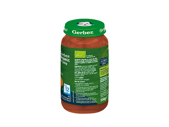 GERBER BIO Spaghete integrale cu carne de vita, 250g, de la 12 luni