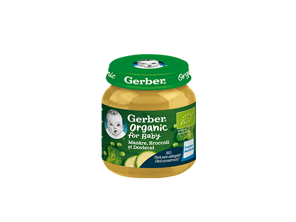 GERBER BIO Mazăre, Broccoli și Dovlecel, 125g, inceperea diversificarii