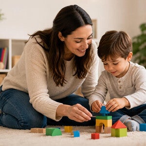 Mamă zâmbitoare ajutând copilul să deseneze la masă în living