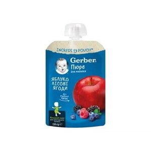Piureuri fructe bebelusi GERBER in ambalaj tip pouch, cu mar si fructe de padure, potrivit de la 6 luni