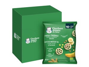 Cutie cu Gustari Gerber Organic, rotite BIO de mestecat cu grau, porumb si banana, 28g, 10+ luni