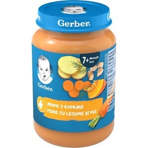 Gerber® Natural Piure cu bucățele de legume și pui. Produs pasteurizat, aliment destinat sugarilor și copiilor de vârsta mică de la 7 luni, 190g