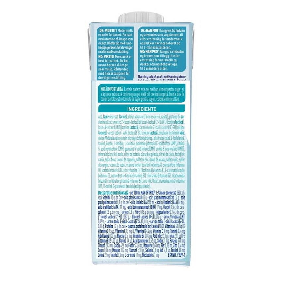 Formulă de lapte pentru bebeluși, NESTLÉ NAN OPTIPRO 1, 0–6 luni, 200 ml