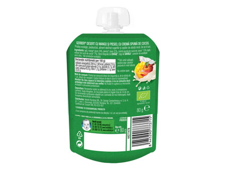 Gerber BIO Desert pentru bebelusi cu Mango si Piersici de la 6 luni, 80g Gerber BIO Desert pentru bebelusi cu Mango si Piersici de la 6 luni, 80g