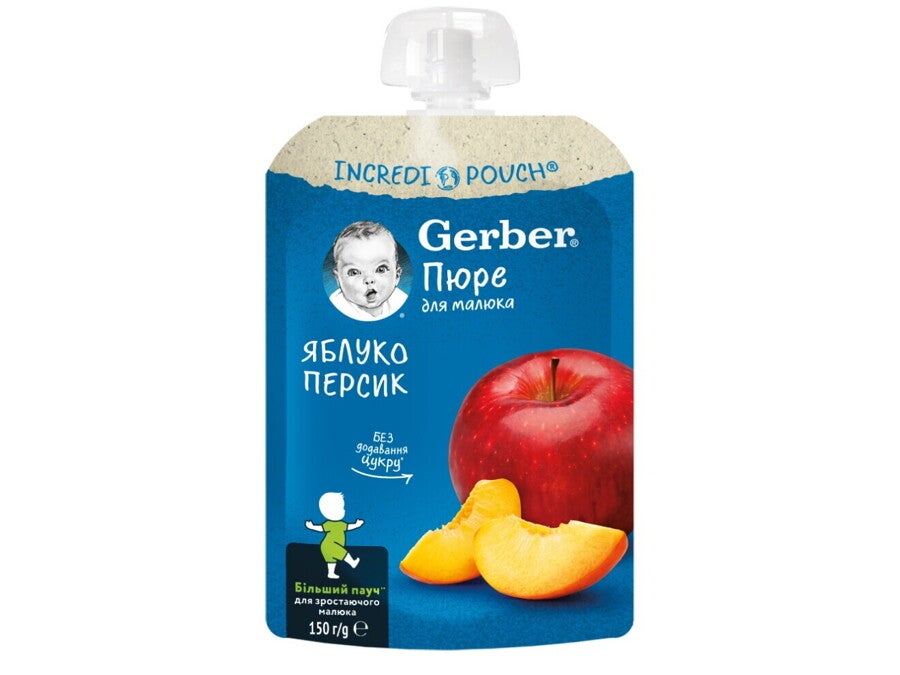 GERBER Măr și Piersică, piure pentru bebeluși  150g, de la 6 luni