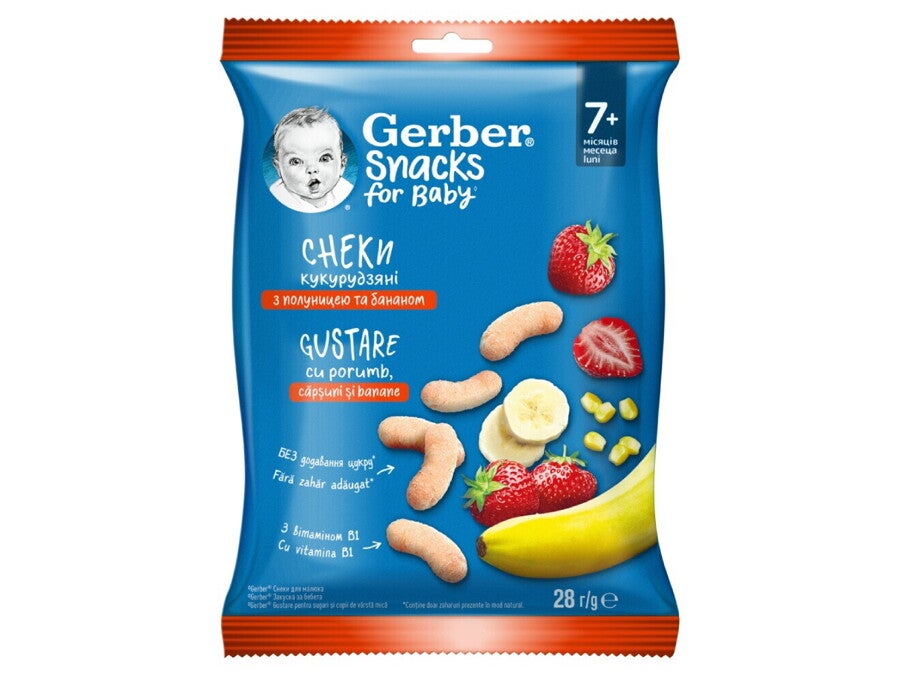 GERBER Snacks for baby, cu porumb, capsuni si banane 28g, de la 7 luni