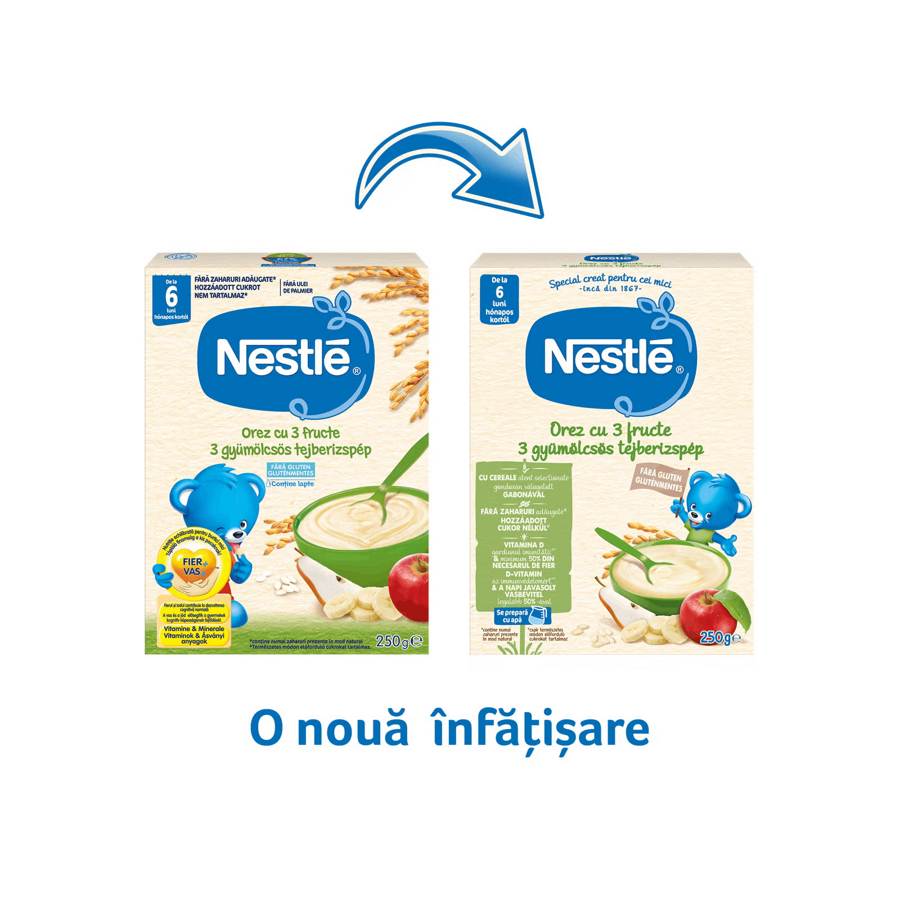Nestlé Cereale Orez cu 3 fructe, pentru bebelusi, de la 6 luni, 250g