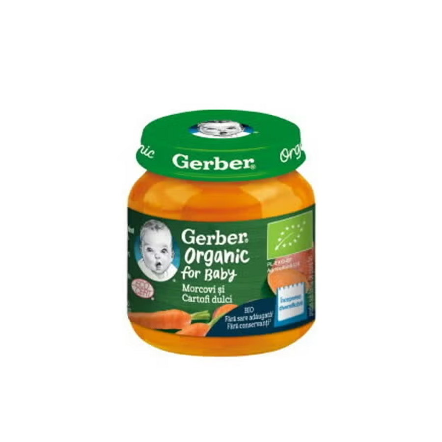 GERBER BIO Morcovi si Cartofi Dulci, piure bebelusi pentru inceperea diversificarii, de la 6 luni