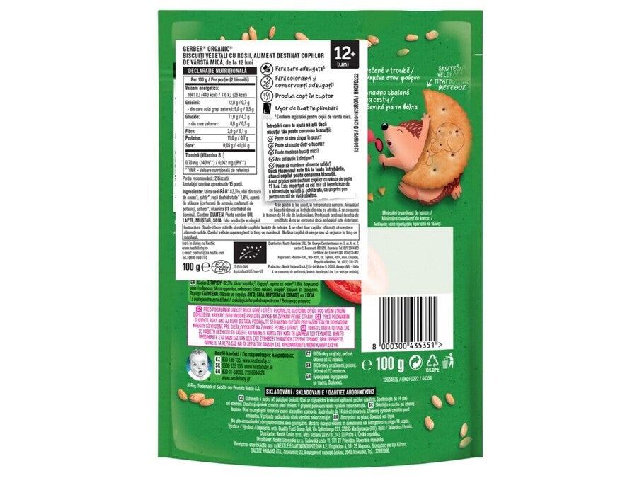 Nestlé Gerber® ORGANIC Biscuiti vegetali cu rosii, aliment destinat copiilor de varsta mica, de la 12 luni, 100g