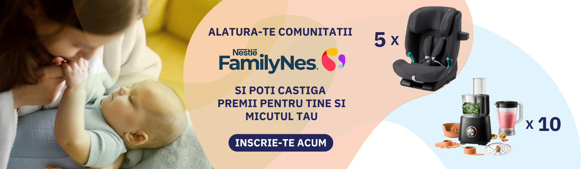 Mother and child photo, FamilyNes logo, and prize photos (camera, blender)