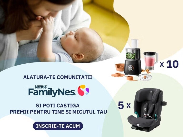 Fotografie mamă alăptând bebeluș, logo FamilyNews și grafice cu blender (x10) și scaun auto (x5)