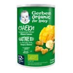 Green Gerber Organic baby snack canister with baby logo, mango and banana graphics and puff snacks.