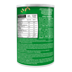 Photograph of green canister's back label with nutrition facts and small ingredient text