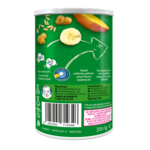 Photograph of green snack can back showing banana, mango, peanuts, and barcode.